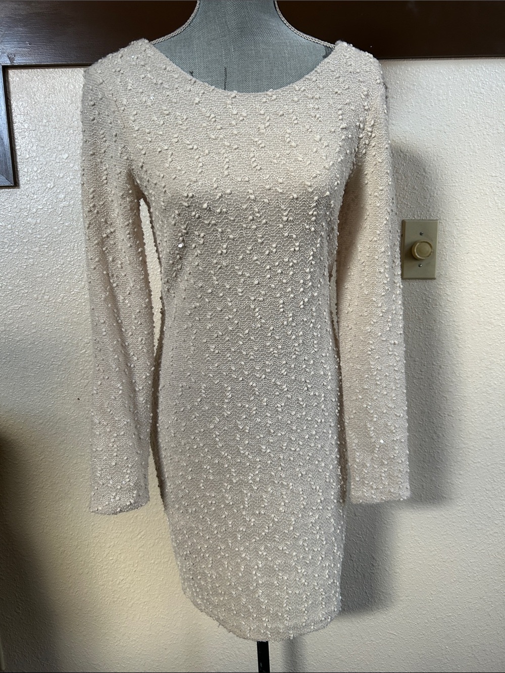 Jennifer Lopez Cream Beaded-Texture Long Sleeve Dress